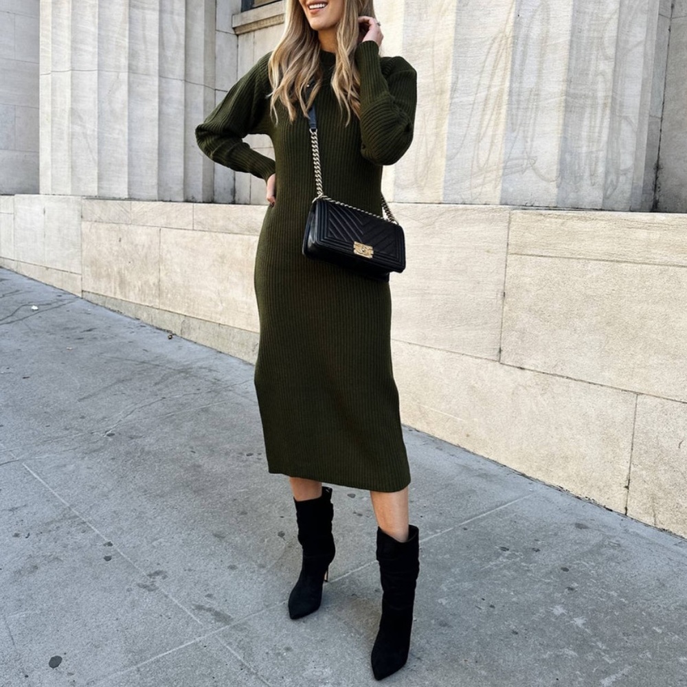 Anine Bing Aurora Dress - Olive Green Ribbed Knit Midi Dress